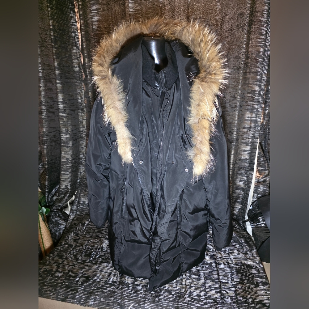 Black and Tan Puffer Jacket with Fur Hood